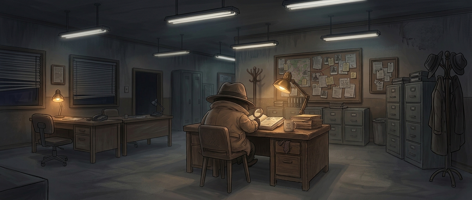 Det. Redact at a dimly lit desk, surrounded by case files and an evidence board